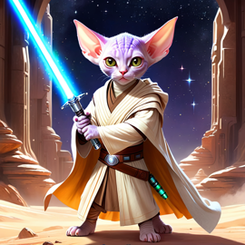 devon rex cat as a jedi knight, with a lightsaber and star wars backdrop in a celestial, painterly style.