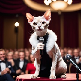 devon rex cat as a keynote speaker on stage, dressed elegantly, holding a microphone, exuding charisma and confidence.