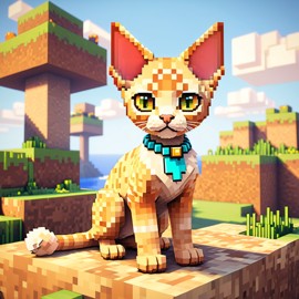 devon rex cat as a minecraft character in pixel graphics, capturing the charm of the blocky minecraft universe.