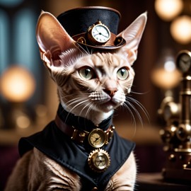 devon rex cat in a steampunk style, happy, highly detailed, retro-futuristic, with a vintage aesthetic.