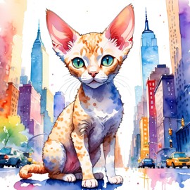 devon rex cat in new york, rendered in a vibrant watercolor illustration, with a highly detailed and happy depiction.