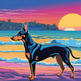 anime artwork of doberman pinscher in city pop style, retro vaporwave, night view, summer beach scene.