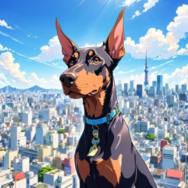 anime artwork of doberman pinscher in tokyo on a sunny day with clear blue skies and cityscape background.