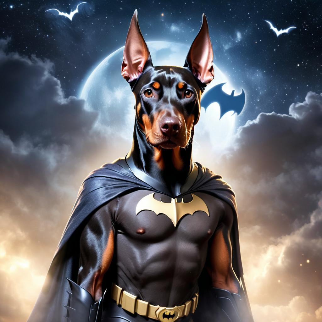 doberman pinscher as batman, ethereal and majestic, wearing batman suit and mask.