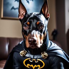 doberman pinscher as batman, wearing batman suit and mask, highly detailed and vibrant.