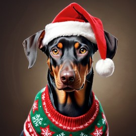 doberman pinscher in a christmas sweater and santa hat, lifelike and festive.