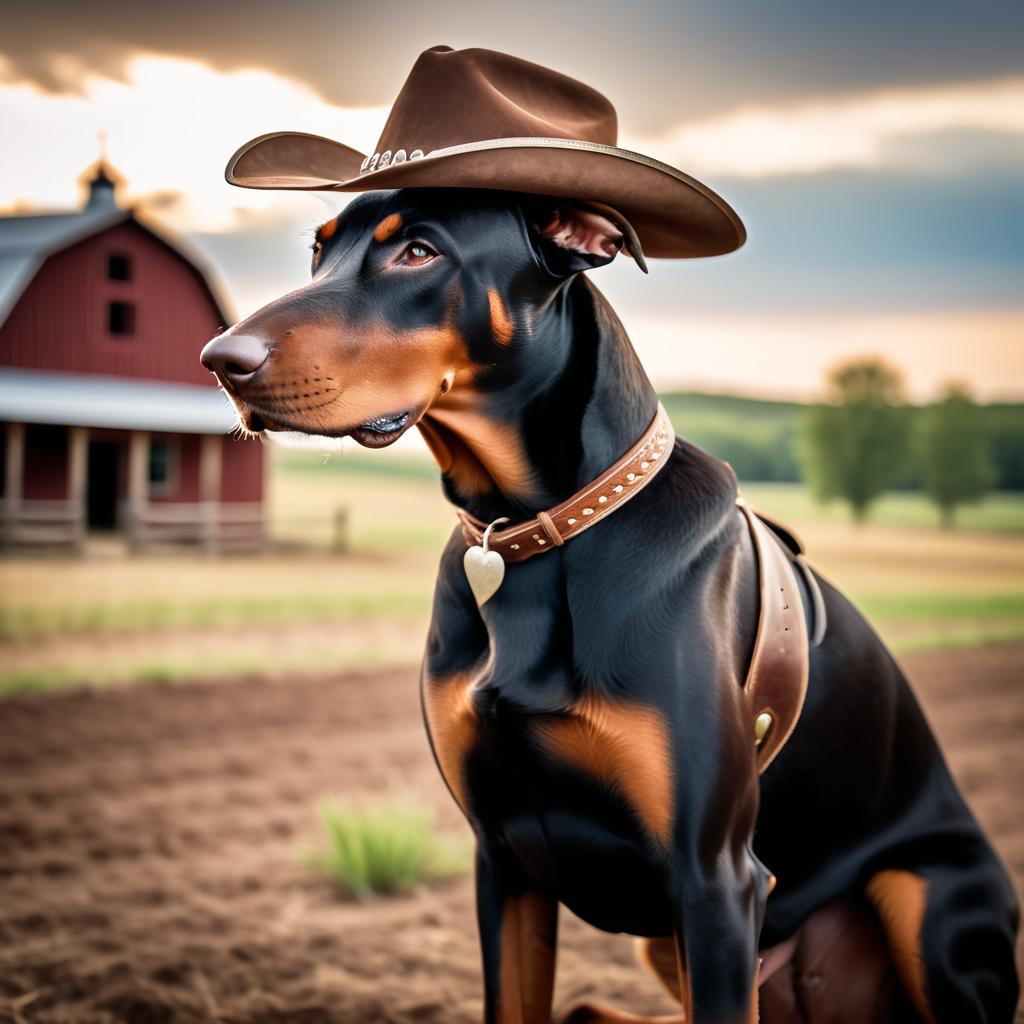 doberman pinscher as a cowboy wearing a hat, in the midwest countryside, on a farm.