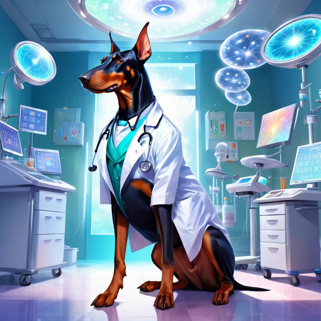 doberman pinscher as a doctor in a magical hospital setting, ethereal and dreamy with celestial details.