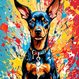 doberman pinscher in pollock's drip technique, capturing dynamic and colorful modern art.