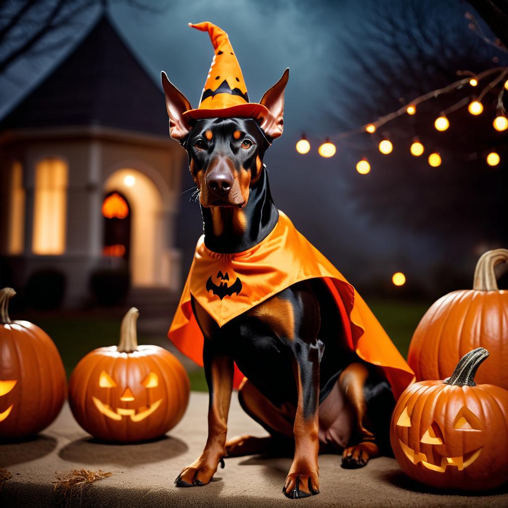 doberman pinscher in a halloween costume with pumpkins and eerie decorations, highlighting their festive spirit.