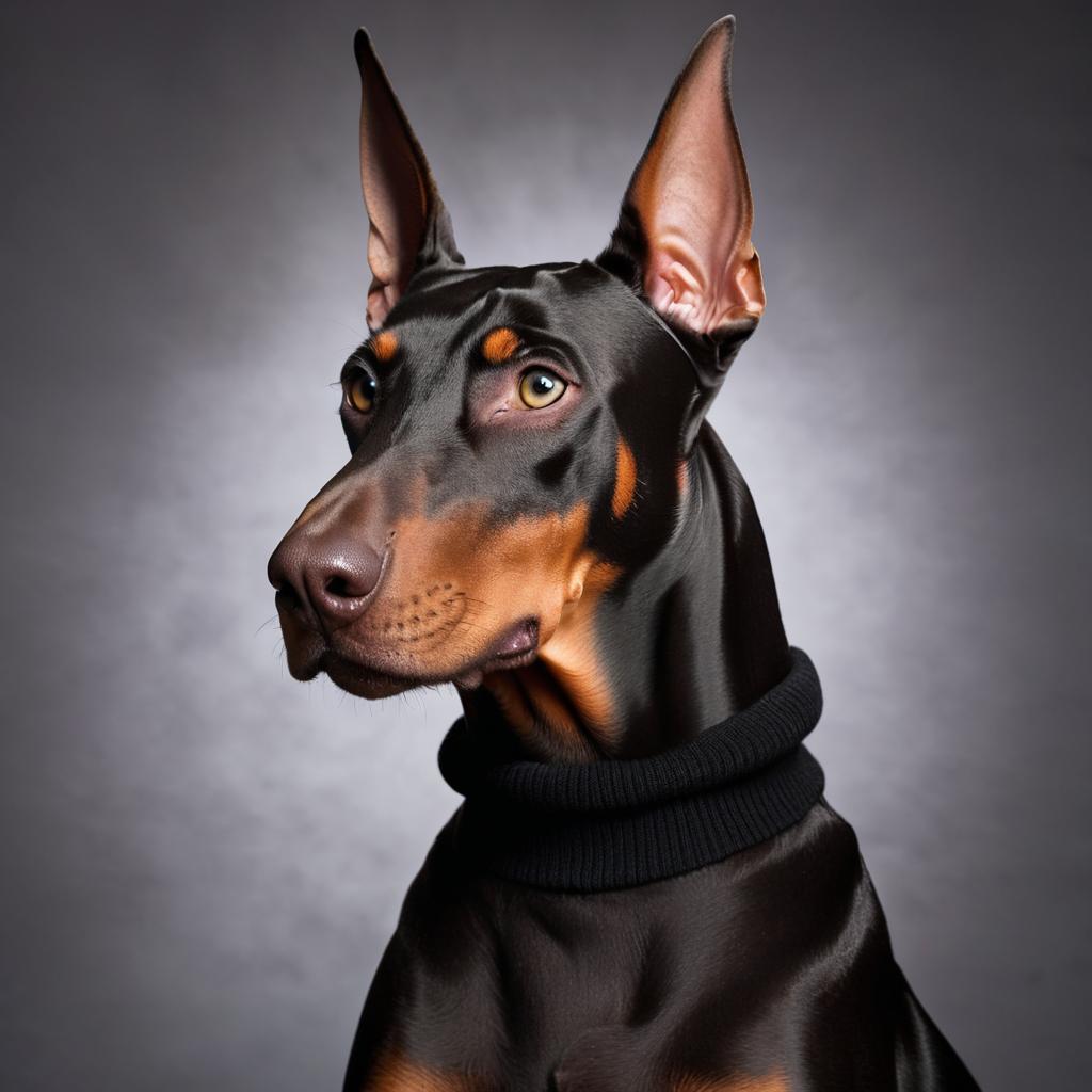 professional headshot of doberman pinscher wearing a black turtleneck for a cv or linkedin, studio photo.