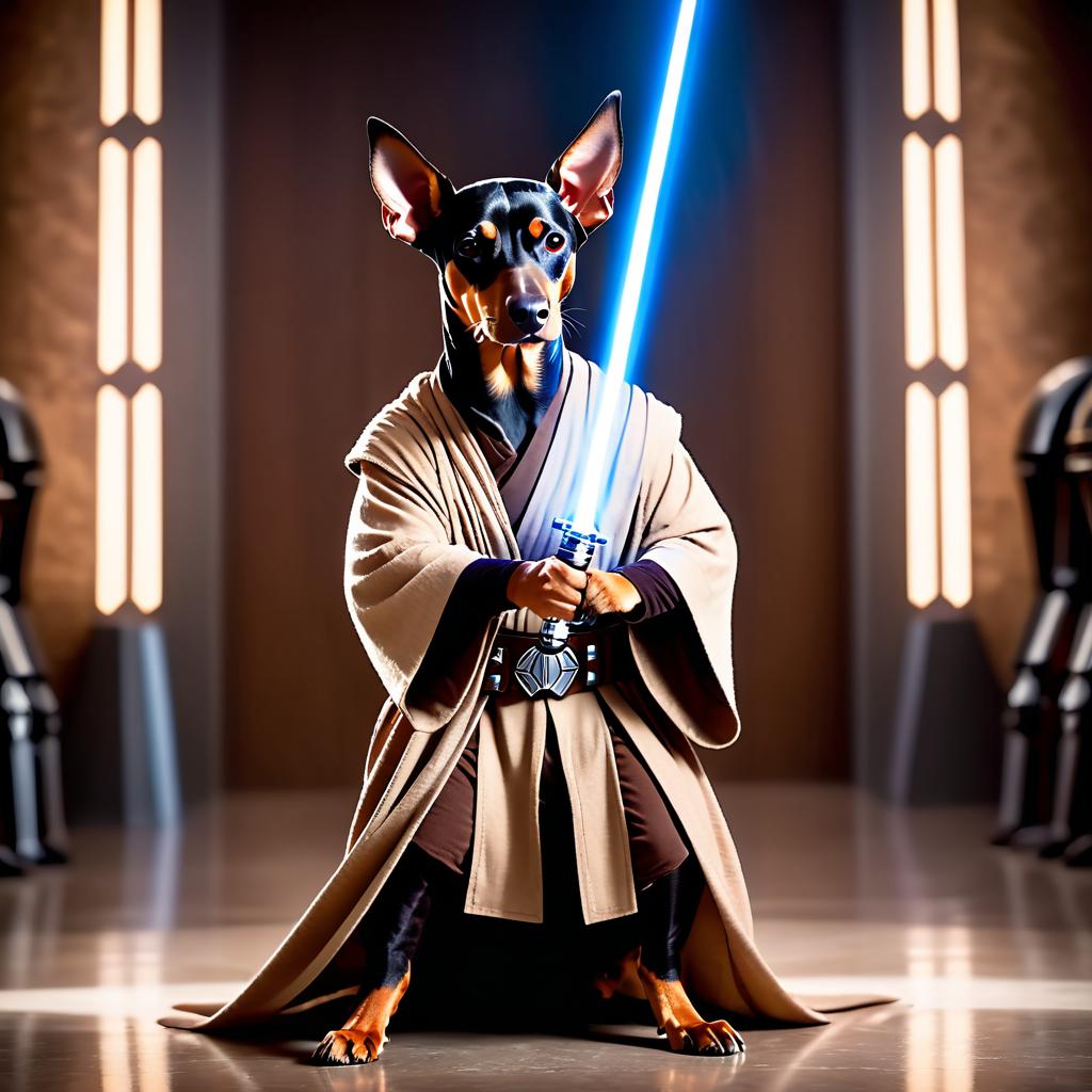 doberman pinscher as a jedi knight, featuring a lightsaber and a star wars environment in a high-detail, epic style.