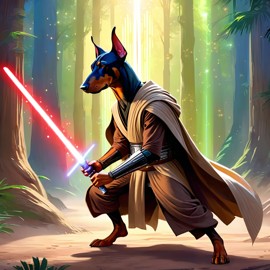 doberman pinscher as a jedi knight, with a lightsaber and star wars backdrop in a celestial, painterly style.