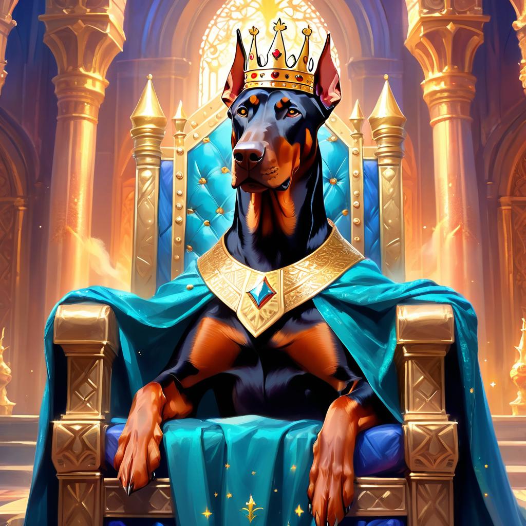 ethereal fantasy art of doberman pinscher as a king in a magical castle, wearing a crown and robe with a majestic, painterly style.