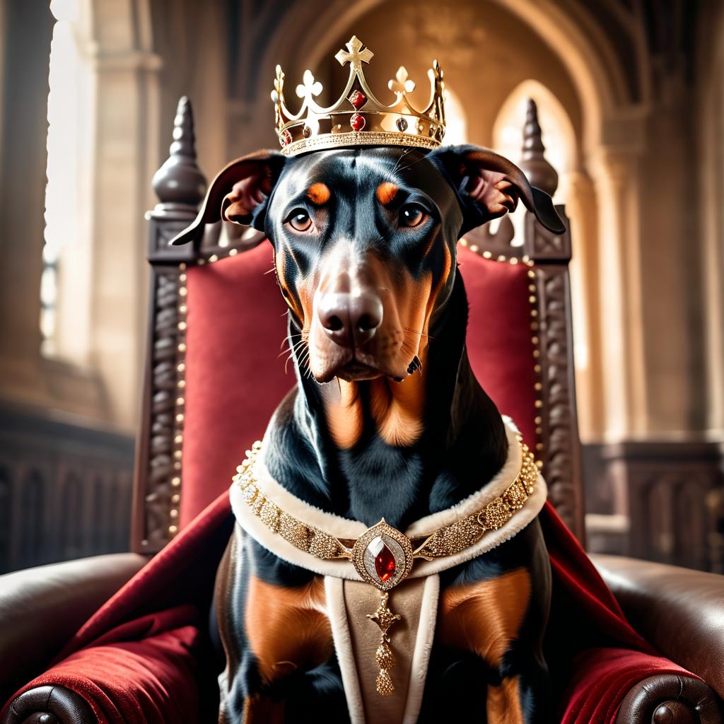 doberman pinscher as a king in a magical castle, wearing a crown and robe, seated on a throne.