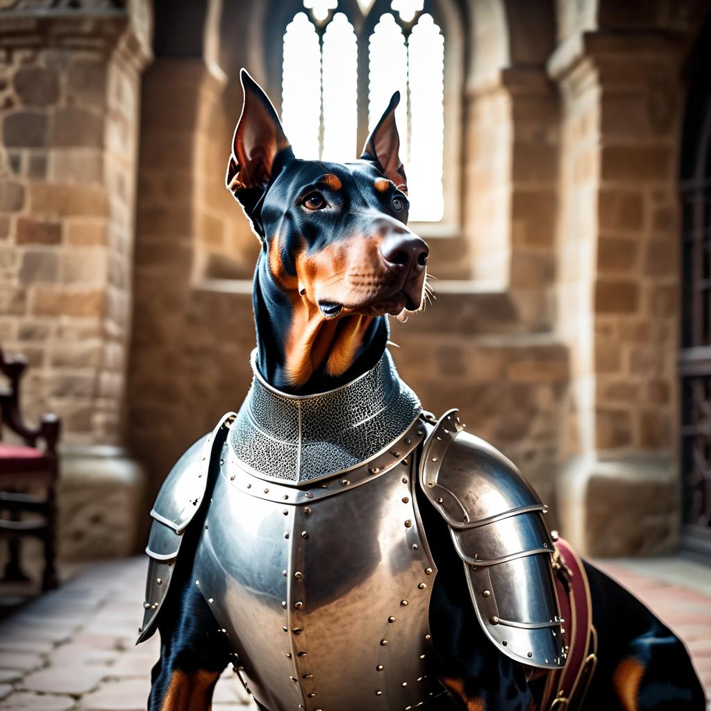 doberman pinscher as a medieval knight in a cinematic film still, detailed armor, set in a grand medieval castle.