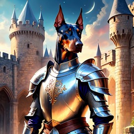 doberman pinscher as a medieval knight in a majestic castle, ethereal and painterly style.