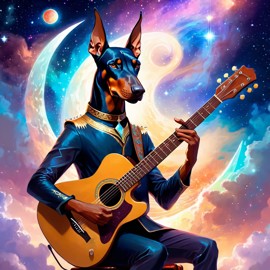 doberman pinscher as a musician in an ethereal fantasy setting, playing guitar with a majestic and magical touch.