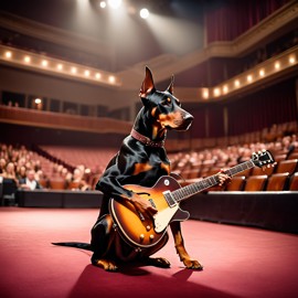 doberman pinscher as a musician playing guitar in a cinematic concert hall, capturing dynamic and high-energy performance.