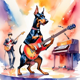 doberman pinscher as a musician in a watercolor painting, playing guitar in a vibrant and detailed concert hall scene.