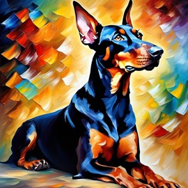 knife oil painting of doberman pinscher in the style of leonid afremov and degas, featuring vibrant, textured brushstrokes.