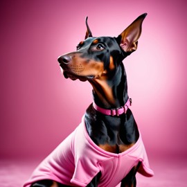 doberman pinscher dressed in pink clothing, in a beautiful pink scene, radiating joy and cuteness.