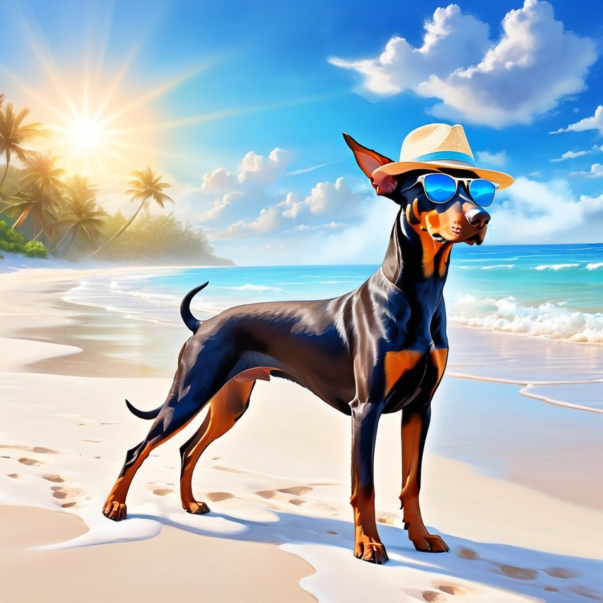 doberman pinscher on a beach with white sand and blue sea, wearing sunglasses and summer hat.