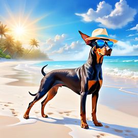 doberman-pinscher-beach-white-sand-blue-sea-sunglasses-summer-hat-11f53c42afa44eb1bec19f9f33205aca