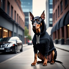 doberman pinscher in a black hoodie, set against a modern urban backdrop, emphasizing a stylish and trendy look.