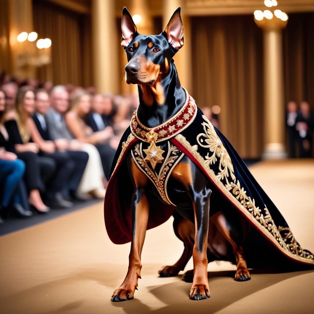 doberman pinscher strutting down the fashion show catwalk stage in a luxurious velvet cape with gold embroidery, high energy and majestic.