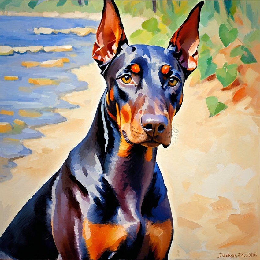 doberman pinscher in the style of cezanne, highlighting classic brush strokes and an elegant, timeless look.