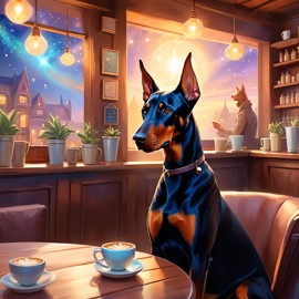 doberman pinscher sitting in a cozy coffee shop, ethereal and magical.