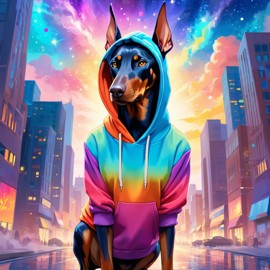 doberman pinscher in a colorful hoodie, with a magical urban background highlighting a cute and happy vibe.