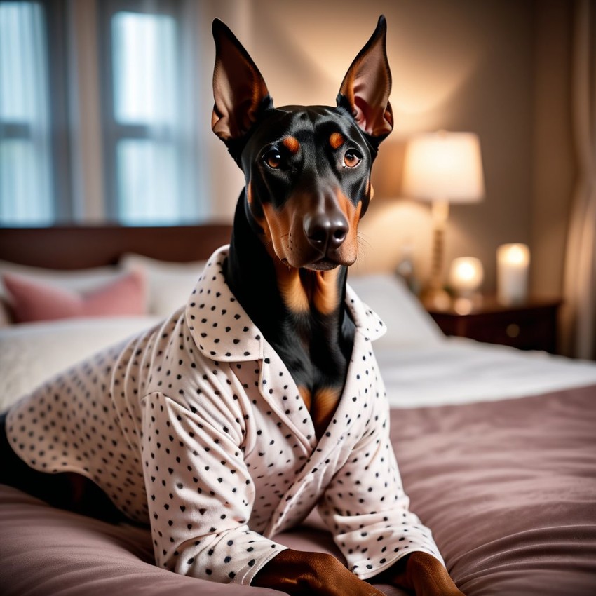 doberman pinscher in cute pyjamas, relaxing in a beautiful posh bedroom, highlighting happiness and coziness.