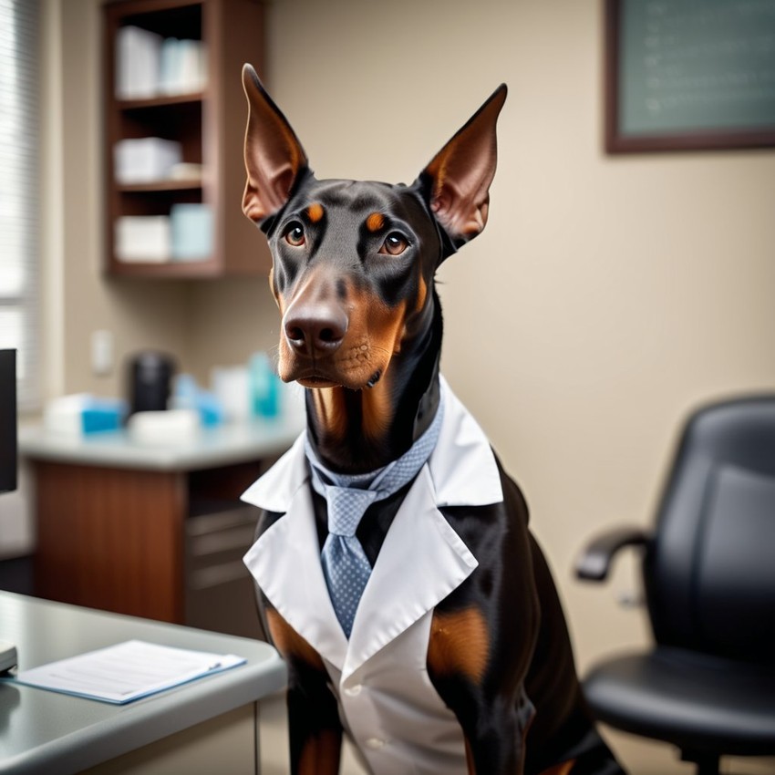 doberman pinscher as a doctor in an office, detailed and charming, with high budget, bokeh, and a moody atmosphere.