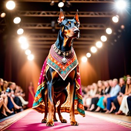 doberman pinscher strutting down the fashion show catwalk stage in a colorful bohemian outfit with flowing fabrics, high energy and joyful.