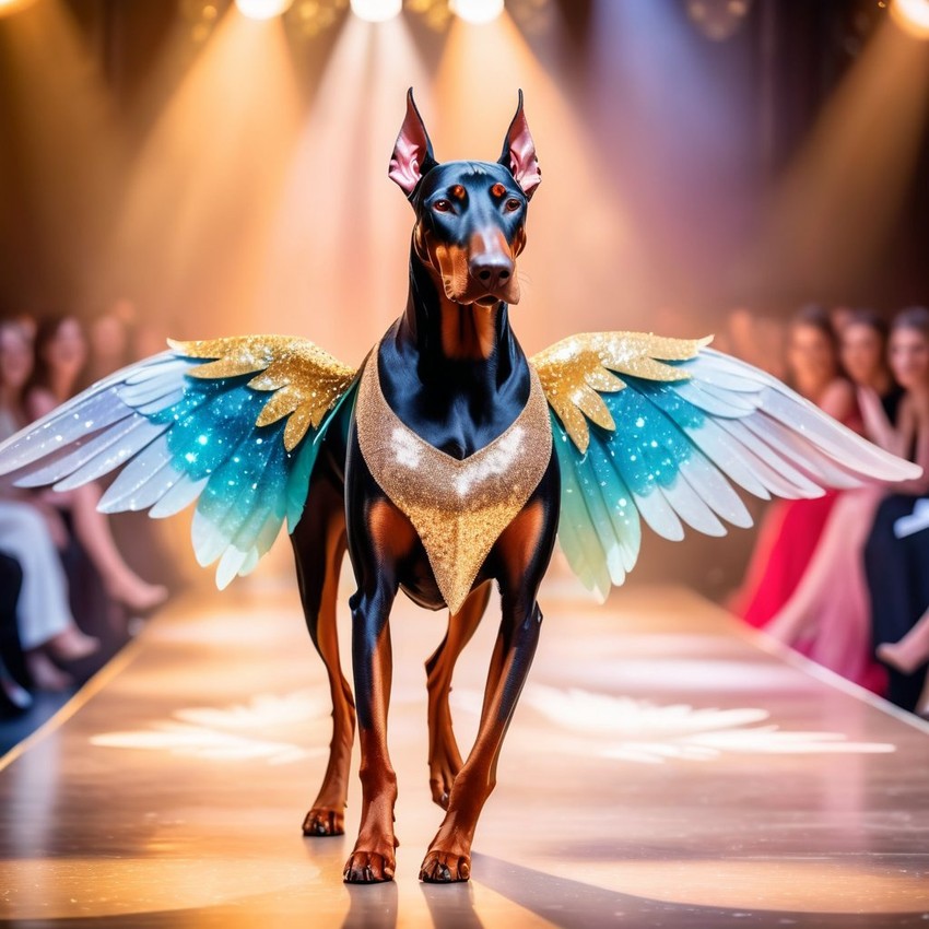 doberman pinscher strutting down the fashion show catwalk stage in a magical fairytale dress with glittering wings, high energy and magical.