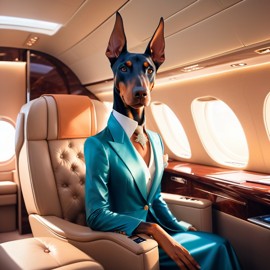 doberman pinscher in a gulfstream private jet, dressed in elegant clothing, capturing a posh and magical moment.