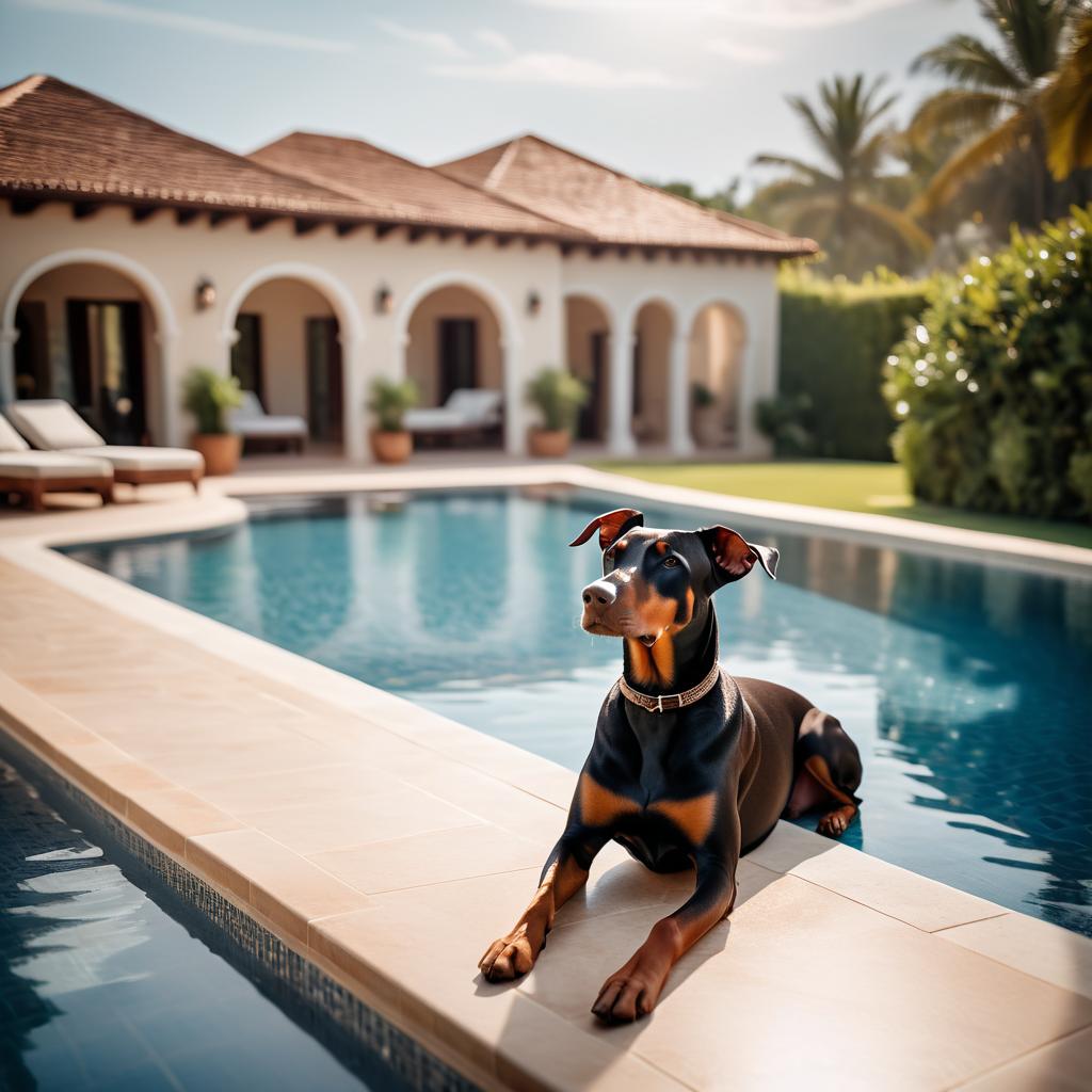 doberman pinscher suntanning next to a luxurious villa pool, capturing a posh and happy moment.