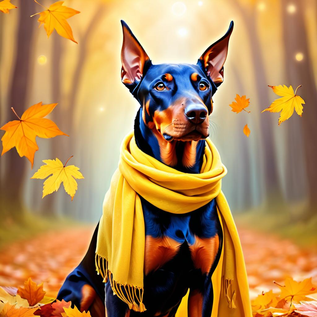 doberman pinscher in a yellow scarf, ethereal and magical style.