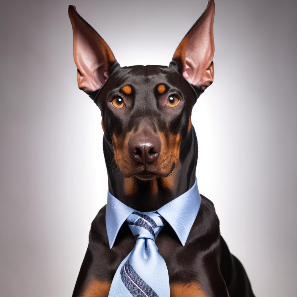 professional headshot of doberman pinscher wearing a shirt and tie for a cv or linkedin, studio photo.