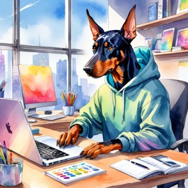 watercolor illustration of doberman pinscher as a programmer, working on a laptop in a hoodie, capturing a cute and vibrant scene.