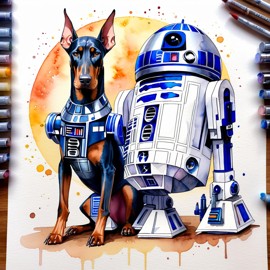 watercolor painting of doberman pinscher as r2d2 from star wars, dressed as r2d2 in a vibrant star wars scene.