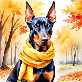 watercolor painting of doberman pinscher in autumn, wearing a yellow scarf, vibrant and detailed.