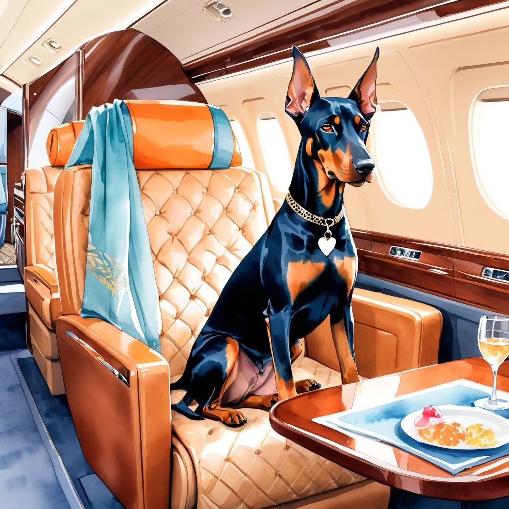 watercolor illustration of doberman pinscher in a gulfstream private jet, dressed in elegant clothing, capturing a posh and vibrant scene.