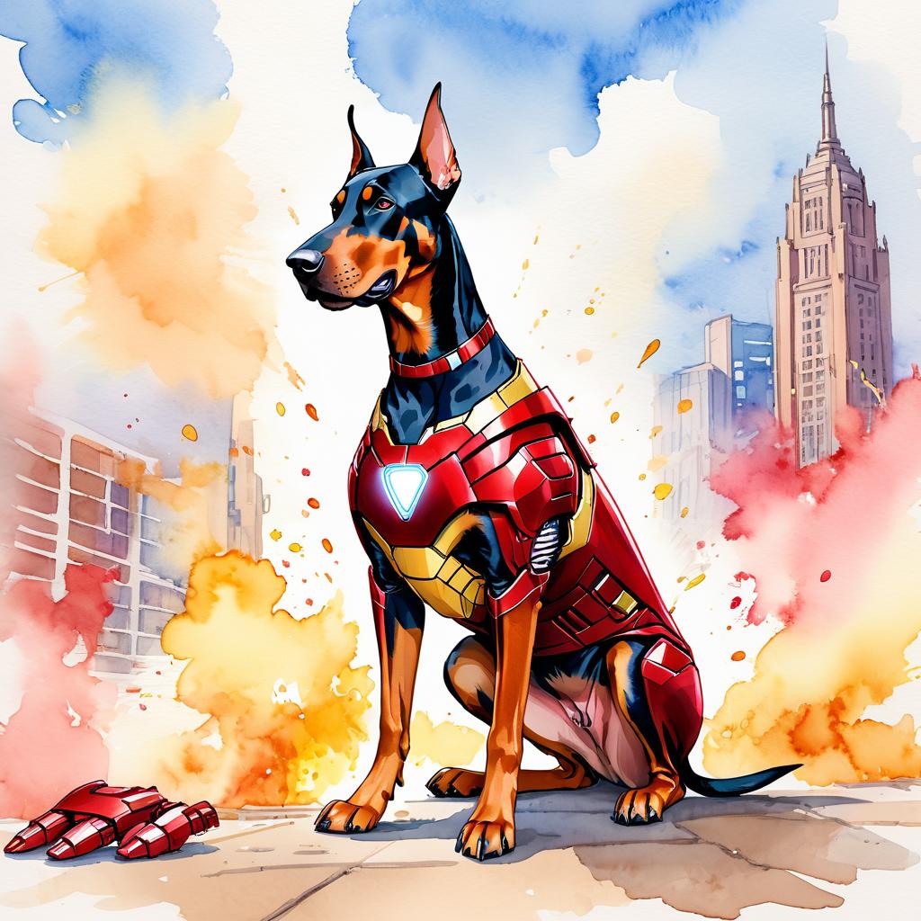 watercolor painting of doberman pinscher as iron man, featuring a vibrant and detailed iron man costume in an artistic style.