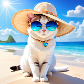 domestic shorthair cat on a beach with white sand and blue sea, wearing sunglasses and summer hat.