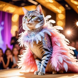 domestic shorthair cat strutting down the fashion show catwalk stage in a sparkling sequined dress with a feathered boa, high energy and dramatic.