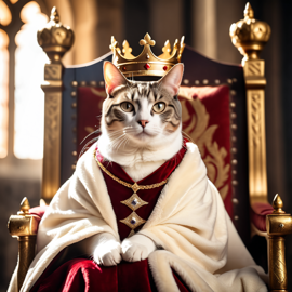 domestic shorthair cat as a king in a magical castle, wearing a crown and robe, seated on a throne.