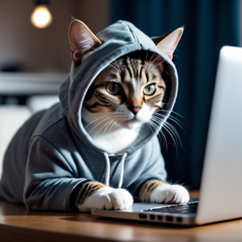 domestic shorthair cat as a programmer, working on a laptop in a hoodie, capturing a cute and happy moment.